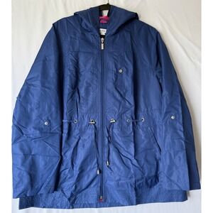 Susan Graver Hooded Jacket L Blue Zip Front Drawstring Water Resistant Pockets